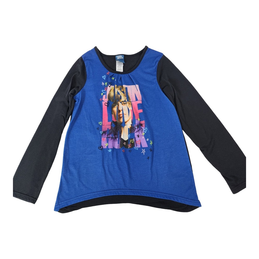 Justin Bieber Blue Black Graphic Long Sleeve Shirt Girls Size Large‎ 12/14 Merch